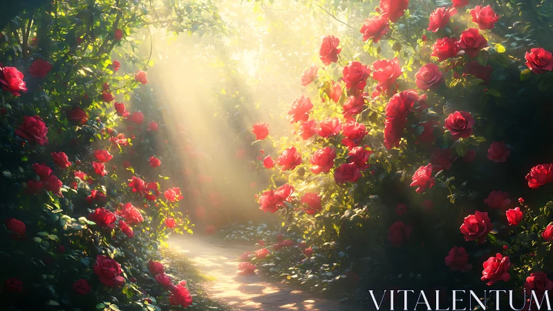 Sunlit garden path lined with dense blooming red roses.