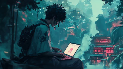 Solitary laptop user above dense neon valley settlement.