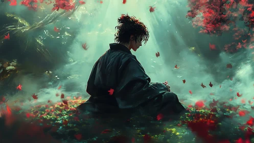 Solitary robed figure seated in misty forest clearing.