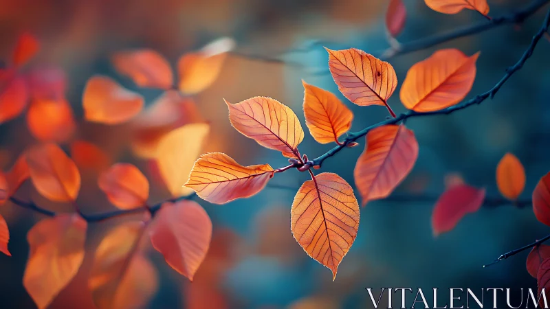Vibrant orange autumn leaves on branch, soft bokeh background.