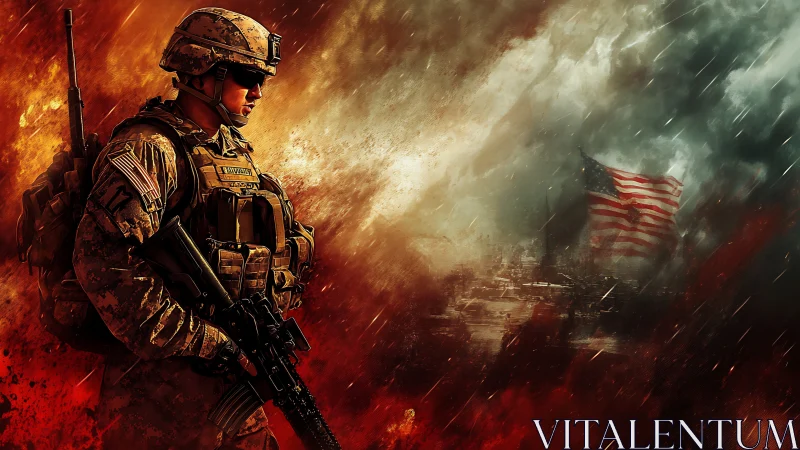 Storm-lit soldier stands guard as a wounded flag endures