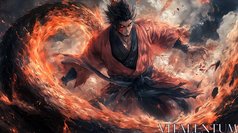 Fire-wielding warrior bends blazing inferno in storm.