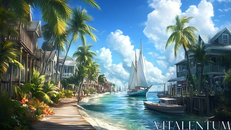 Tropical Waterfront Town with Sailboat Harbor.