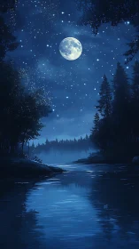 Luminous moonlit river under star-dense midnight forest sky.