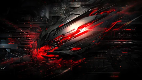 Futuristic red energy core inside fragmented black shell.