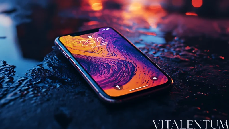 Smartphone with abstract display on wet reflective surface.