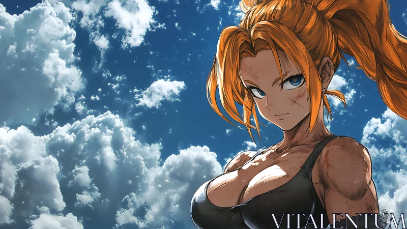 Orange haired anime fighter under daytime clouded sky.