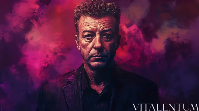 Brooding male portrait against vivid magenta smoke backdrop.