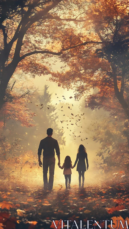 Family's Autumn Journey Through Golden Light.