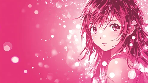 Pink anime girl portrait with glowing bokeh lights.
