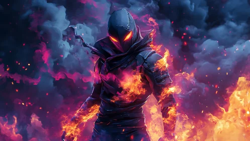 Hooded warrior in burning armor amid dense smoke clouds.