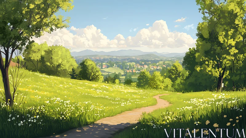 Digital pastoral landscape with winding path perspective.