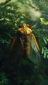 Golden cicada rests on fern with translucent veined wings.