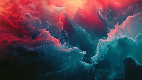 Digital painting of nebular tides in cyan and crimson gradients.