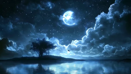 Moonlit lake with silhouetted tree and dense cloud formations.