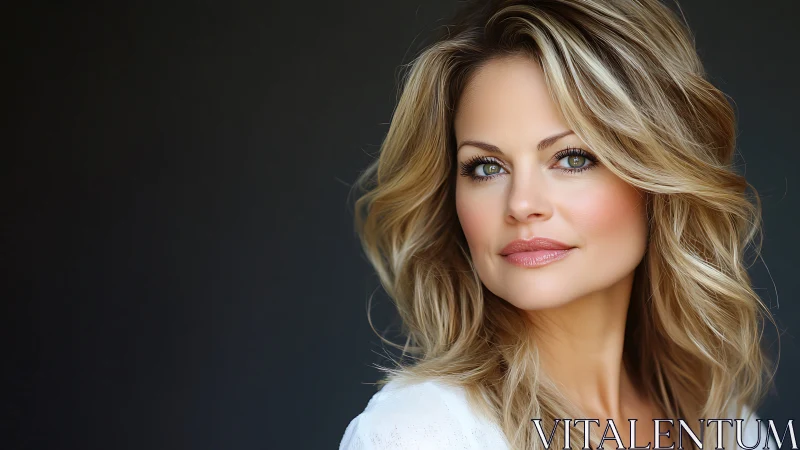 Elegant blonde woman with wavy hair in soft natural light portrait.