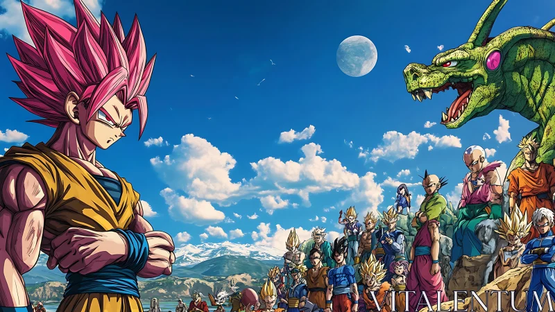 Saiyan warriors assemble under dragon guardian sky.