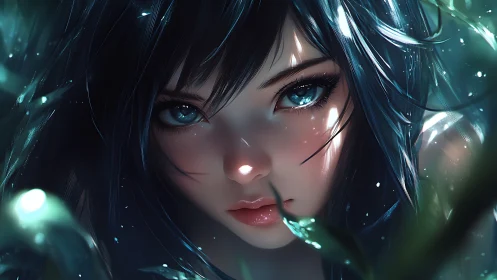Moonlit forest gaze of blue-eyed anime girl portrait.