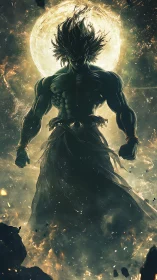 Silhouetted muscular figure before full moon in smoke-filled sky.