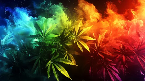 Cannabis leaves glow beneath luminous rainbow smoke field.