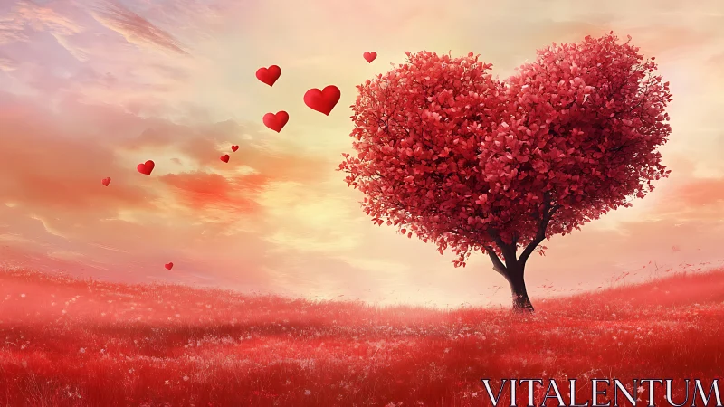 Heart-Shaped Tree with Floating Hearts in Red Field