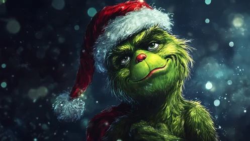 Green furry Christmas trickster in Santa hat portrait.