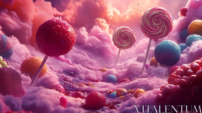 Surreal candy landscape with lollipops emerging from pink cloud formations.