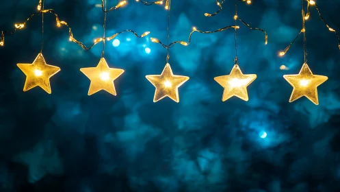 Illuminated star string lights glow against a bokeh teal background