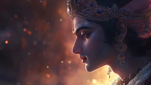 Regal profile of jeweled monarch glows in warm light.