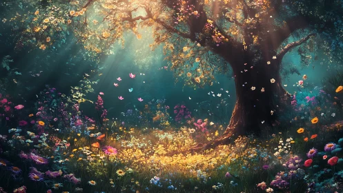 Enchanted forest tree glows beneath drifting butterflies.