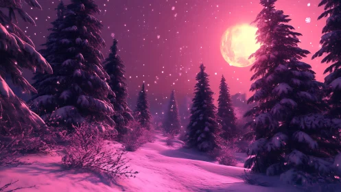 Pink moonlit snowfall over dense winter forest path.