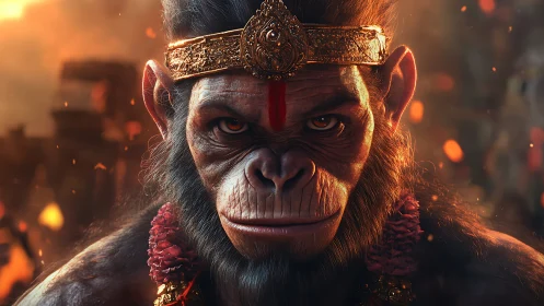 Simian warrior figure with ornate crown in ember light.