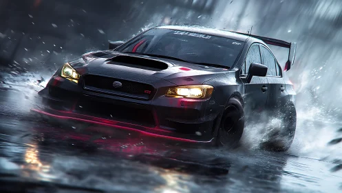 Midnight tuned rally car drifting through neon rainstorm.