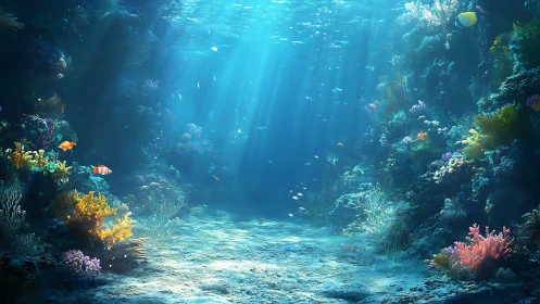 Underwater coral reef scene shows filtered light on seabed