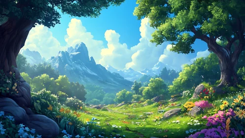 Sunny mountain meadow path framed by blooming forest trees.