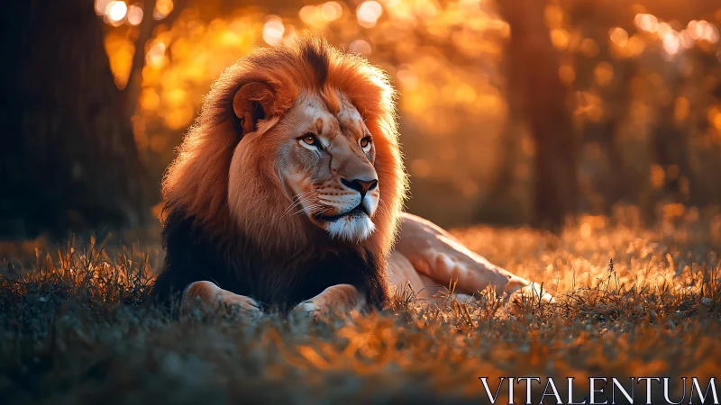 Golden hour lion resting softly in a forest glow.