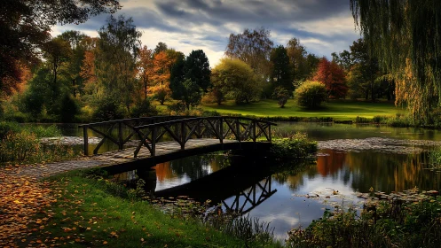 Arched wooden bridge spans reflective autumn pond under clouds