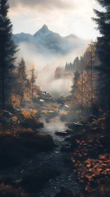 Foggy alpine river flows through dense autumn forest