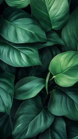 Broad glossy tropical leaves overlap in dense green layers.