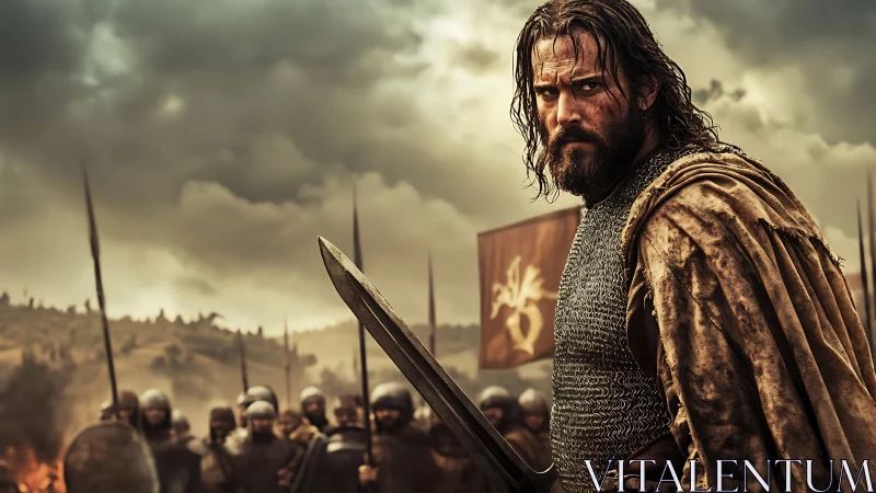 Battle-hardened medieval commander stares down a looming war