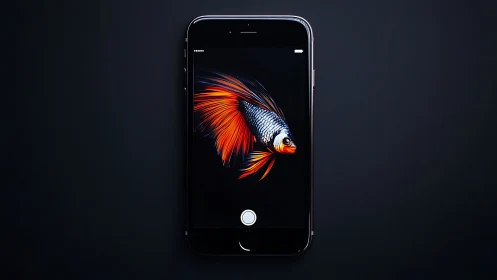 Vibrant Betta Fish Glows on Dark Phone Screen.