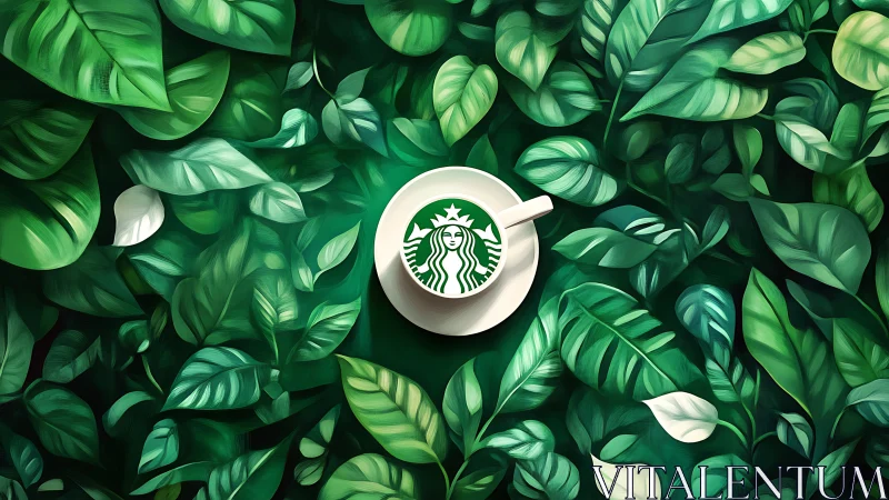 Leafy latte sanctuary with rainforest-wrapped coffee cup.
