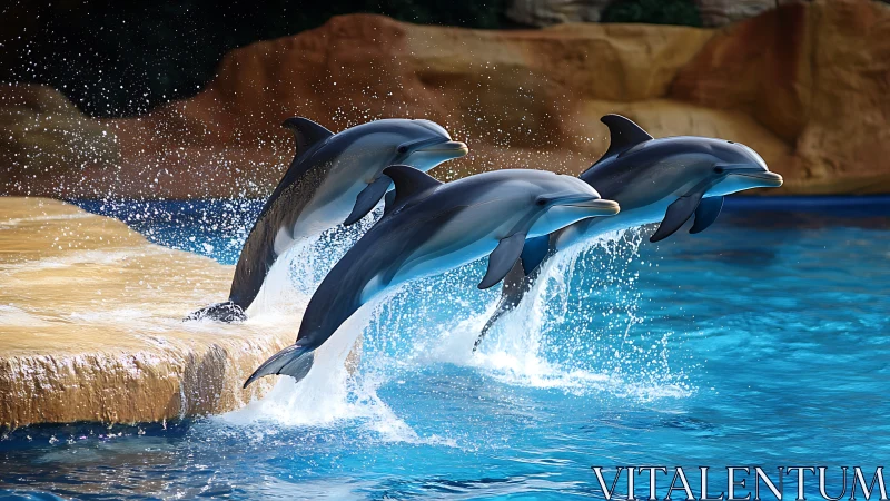 Three synchronized dolphins leap through bright pool water