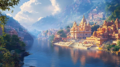 Sunlit riverside temples amid misty mountain landscape.