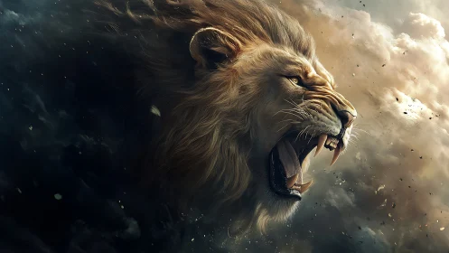 Storm-torn lion roars into swirling cosmic dusk skies.