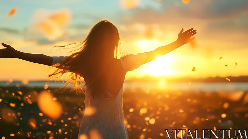 Woman embracing sunset outdoors, glowing with freedom and warmth.