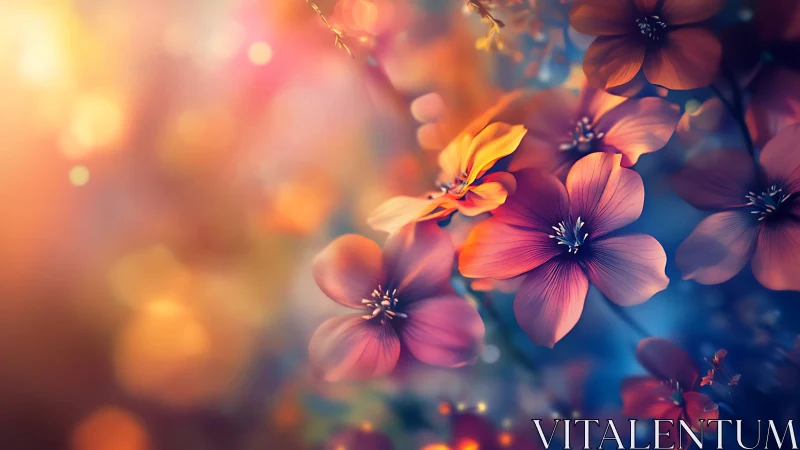 Vibrant macro flowers glow in dreamy bokeh light field.