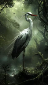 Graceful white heron standing quietly in a misty forest glade.