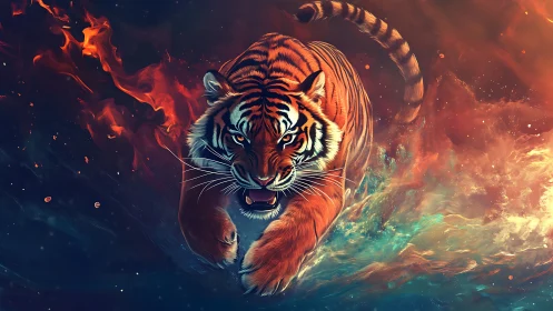 Tiger charges through fire and water in vivid digital artwork