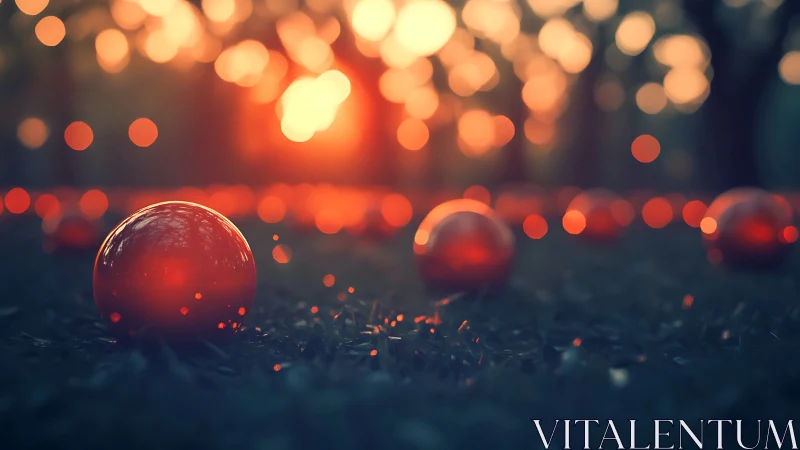 Translucent red spheres rest on grass under defocused lights